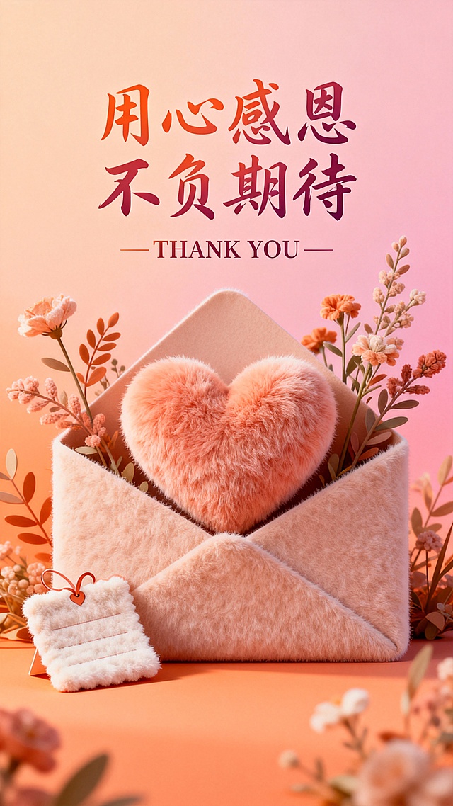 温暖的橙粉渐变背景，中心是毛绒质感的信封，信封内有一颗同样毛绒材质的爱心，周围环绕着毛绒质感的植物花卉，画面中上方有艺术感手写风格的中文标题“用心感恩 不负期待”与英文“THANK YOU”，标题文字色彩与背景和谐统一，左侧点缀着一张毛绒质感的感谢信装饰元素，整体画面呈现出柔和、温暖、细腻的毛绒材质感，光影柔和，色调统一，营造出温馨感恩的氛围，构图简洁且视觉焦点突出。