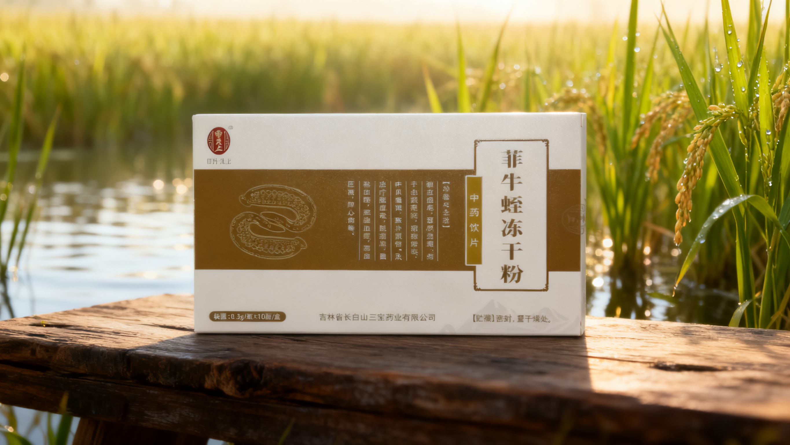 将菲牛蛭冻干粉药盒放在质朴的木质台面上，背景是柔焦虚化的清晨稻… - 图片创意预览