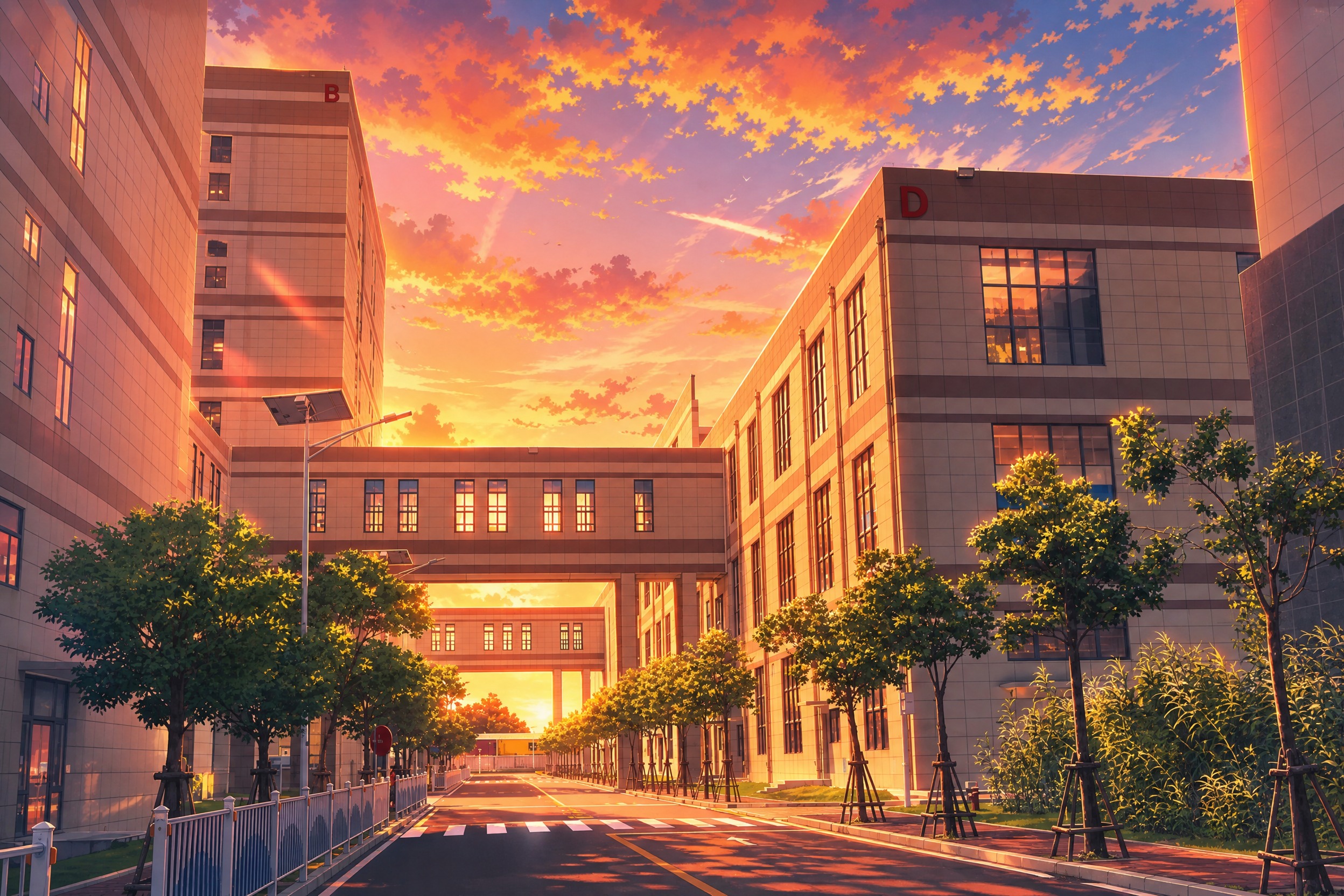将这张园区建筑道路照片转换为日系动漫风格，整体画面为夏天的红光… - 图片创意预览