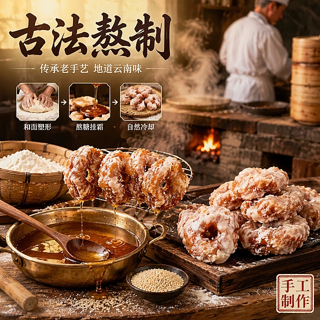 [主图-6] 陆良麻依馓子制作工艺展示图，突出传统手工与地道风味。
[氛围风格] 中式传统工艺风，古朴真实，匠人氛围，高清商业摄影质感。
[画质] 超高清商业摄影，细节丰富，质感真实，有温度感。
[元素] 画面为传统糕点作坊场景：木质案板上摆放着制作馓子的工具与原料——竹筛里的面粉、铜锅里熬制的金黄麦芽糖、木勺、芝麻碗、以及刚出锅正沥糖的麻依馓子（3-4颗挂着糖丝，晶莹剔透）。案板一侧整齐摆放着成品馓子，糖霜已凝固发白。背景为砖砌灶台与木质蒸笼，隐约可见穿着白色厨师服的老师傅背影（虚化）。蒸汽从锅中袅袅升起，营造热气腾腾的制作氛围。**保持成品麻依馓子的外观造型、糖霜质感、金黄颜色与输入产品图完全一致，制作过程中的半成品形态合理推演但成品必须与参考图一致**。成品馓子主体占比约45%，场景丰富。
[光影] 暖黄色灶台火光与窗边自然光结合，整体暖橙色调，麦芽糖有透亮高光，蒸汽有丁达尔效应，古朴温暖有烟火气。
[配色] 主色暖橙、木棕、糖金黄；辅色砖红、面粉白、蒸汽白。
[视角构图] 45度平视略俯，案板上刚出锅的馓子为视觉焦点，前后景工具与灶台虚化营造纵深感。
[文字版式] 左上主标题「古法熬制」书法体深棕色大字；下方「传承老手艺 地道云南味」细黑体米白色。中部用三步小图标横向排列：「和面塑形」「熬糖挂霜」「自然冷却」，每个图标下配小图与说明，白字带浅黑边。底部右侧印章式方框「手工制作」红字。
[输出要求] 1:1比例，文字清晰锐利，超高清商业摄影质感，2048*2048像素。
[负向提示词] 变形，文字错乱，产品模糊，背景杂乱，水印，电商平台Logo，人物面部。