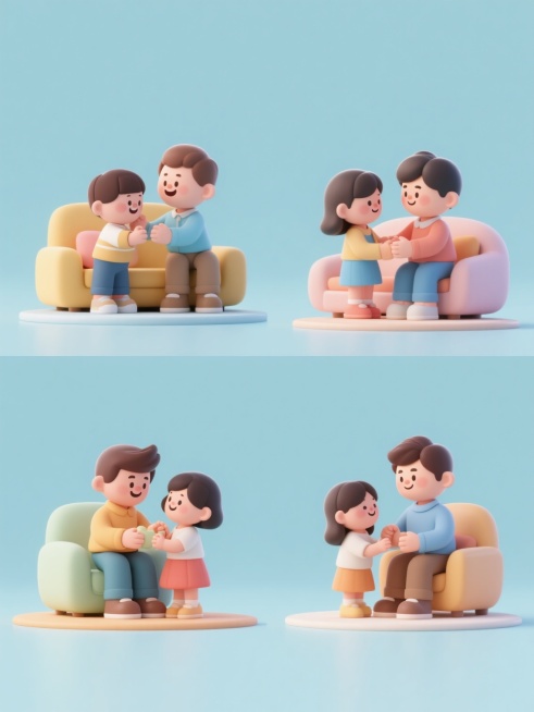 4个规整排布的3D渲染亲子互动场景，保持卡通风格，柔和光影，明亮色彩，简约现代造型，纯纯色背景，无文字无logo无水印，每个场景展示不同的温馨亲子互动瞬间，角色表情生动自然，细节精致，整体构图平衡对称，视觉统一和谐预览效果