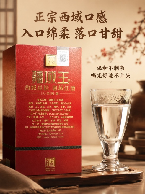 [第4屏] 口感特色展示，描述疆域王红韵酒入口绵柔落口甘甜的正宗西域口感。本屏使用【图1】作为产品主体
[氛围/风格] 雅致品酒氛围，暖调柔和光影，高级质感
[元素布局] 左侧放置产品包装，占比约50预览效果
