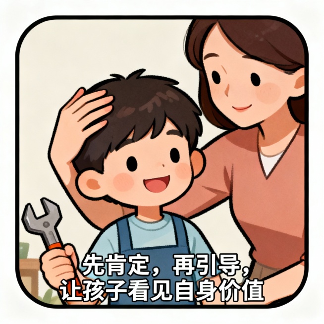 （配图建议：圆角插画｜画面：妈妈温柔摸男孩头，男孩拿着工具笑｜标注：“先肯定，再引导，让孩子看见自身价值”）预览效果
