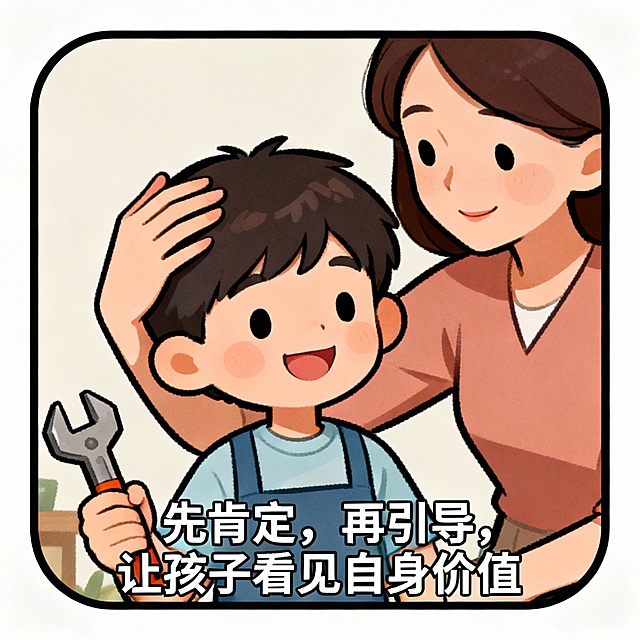 （配图建议：圆角插画｜画面：妈妈温柔摸男孩头，男孩拿着工具笑｜标注：“先肯定，再引导，让孩子看见自身价值”）