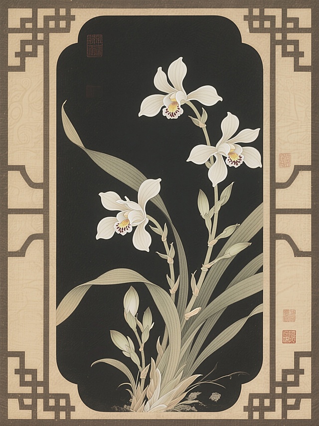 《梅兰竹菊之兰花》古典工笔风兰花，细腻描绘，水墨韵味，典雅边框设计。