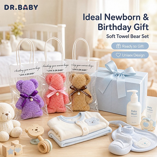 [主图-2] 主题：DR.BABY 小熊毛巾礼盒送礼场景特写，突出新生儿生日礼物的精美包装与情感价值。
[统一基调] 亚马逊跨境母婴风格，柔和亲子感，干净通透，浅色暖调，自然窗光，奶油白与浅蓝为主色，原木色点缀，圆润无衬线英文字体，圆角轻量卡片，安全可信氛围。
[画面] 1:1 方形构图，新生儿生日送礼主题场景。画面中央偏左是一组 DR.BABY 小熊造型毛巾礼品套装，整齐陈列在浅色木质桌面上：透明手提礼品袋中装着三只小熊毛巾（紫色、粉色、卡其色各一只，均系对应颜色缎带，缎带带珍珠装饰，袋口白色卡纸上清晰印有 Sending you warm hugs 与 LOVE & DR.BABY 字样），排列成优雅的扇形。周围环绕着新生儿礼物相关的温馨道具：折叠整齐的婴儿连体衣、迷你毛绒玩具、木质拨浪鼓、带蝴蝶结的浅蓝礼盒、婴儿沐浴用品小样，营造满满的 baby shower 礼物氛围。背景是模糊的温馨婴儿房，有白色婴儿床的轮廓和柔和的纱帘，自然光从右侧窗户外温柔洒入。画面右上角留出负空间放置品牌与标题文字。左上角放置 DR.BABY 品牌 logo。产品小熊造型和包装严格参考输入图2的外观，毛巾材质为珊瑚绒，蓬松柔软。
[光影质感] 高端礼品商业摄影质感，右侧45度自然柔光，毛巾绒毛根根分明有蓬松感，透明礼品袋有细腻高光和环境反光，木质桌面有柔和接触阴影，整体温暖高级有礼物感。
[配色] 主色奶油白+浅蓝+原木色，点缀浅紫、浅粉、卡其（来自产品本身），文字深灰蓝，整体柔和温馨不刺眼。
[文字版式] 左上角 DR.BABY 品牌 logo，深灰蓝圆润无衬线字体。右侧上方大标题 "Ideal Newborn & Birthday Gift"，副标题 "Soft Towel Bear Set"，下方两个圆角小标签分别写 "Ready to Gift" 和 "Unisex Design"，文字均为英文，右对齐排版，放在负空间不遮挡产品主体。
[输出要求] 比例1:1，2048x2048，产品清晰，包装细节精致，文字清晰可读；负向：变形、错字、模糊、杂乱、水印、平台Logo、中文文字、夸张促销词、小熊造型失真、包装错误、材质不像珊瑚绒、悬浮、穿模。