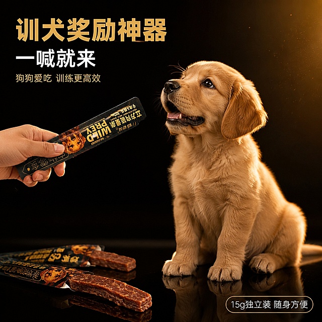 [主图-3] 训犬奖励场景副图 能量条互动展示。
[氛围风格] 黑金高端质感 深暗背景暖金点缀 真实互动场景 商业摄影质感；
[画质] 商业摄影质感 光线柔和通透 产品清晰真实 画面干净高级 超高清细节。
[元素] 画面右侧一只可爱的金毛幼犬（或泰迪犬）坐姿端正 抬头望向左上方 嘴巴微张 期待食物的样子。左侧一只手拿着妙爽立方肉能量条 正准备喂给狗狗 能量条包装清晰可见 保持产品外观（即物理结构 材质质感 颜色 包装文字图案）与输入产品图绝对一致 杜绝任何变形和色差 精细化处理。地面散落2-3条拆开包装的能量条 肉条纹理清晰 有真实肉质感。背景深黑色渐变 底部深色反光地面 有狗狗和产品的倒影。右上角暖金色光晕点缀。商品主体占比约60% 画面满屏无边框。
[光影] 左上方主光暖金色柔光 照亮狗狗面部和手中的产品 狗狗毛发有光泽 产品包装有质感 底部有柔和倒影 背景右上角有轮廓光 整体光比舒适 暗部有层次。
[配色] 主色深黑；辅色暖金 狗狗金毛色 肉条棕红色。
[视角构图] 平视角度 狗狗与产品互动为视觉中心 画面有故事感 景深中等 主体清晰。
[文字版式] 左上负空间左对齐留安全边距 三行文案。大字主文案"训犬奖励神器" 暖金色最大号粗体无衬线；第二行"一喊就来" 白色中号粗体；第三行辅助短句"狗狗爱吃 训练更高效" 约半高 浅金色细体。右下角有小标签"15g独立装 随身方便" 金色细边框 内白字。文字全部放在负空间 不遮挡狗狗和产品主体。
[输出要求] 1:1比例 文字清晰锐利 画面超高清商业摄影质感。
[负向提示词] 变形 文字错乱 产品图模糊 背景杂乱 水印 电商平台Logo。