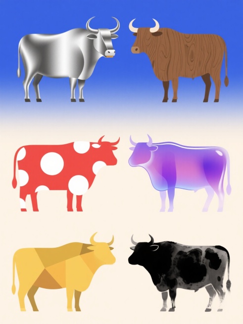 极简风格矢量插画，6个不同配色、不同样式、不同材质的牛造型，保持原图中牛头部轮廓特征（弯曲牛角、突出口鼻、尖耳朵）和身体曲线，上下两行对齐排列，每个牛造型具有独特视觉效果：1. 金属质感银色牛配蓝色渐变背景，2. 木纹纹理棕色牛配米色背景，3. 波普艺术风格红色牛配白色圆点，4. 渐变紫色玻璃质感牛，5. 几何拼接黄色牛，6. 水墨风格黑色牛，整体采用浅色背景，简洁线条，无文字元素，统一保持简……预览效果