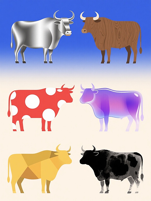 极简风格矢量插画，6个不同配色、不同样式、不同材质的牛造型，保持原图中牛头部轮廓特征（弯曲牛角、突出口鼻、尖耳朵）和身体曲线，上下两行对齐排列，每个牛造型具有独特视觉效果：1. 金属质感银色牛配蓝色渐变背景，2. 木纹纹理棕色牛配米色背景，3. 波普艺术风格红色牛配白色圆点，4. 渐变紫色玻璃质感牛，5. 几何拼接黄色牛，6. 水墨风格黑色牛，整体采用浅色背景，简洁线条，无文字元素，统一保持简约现代设计感。