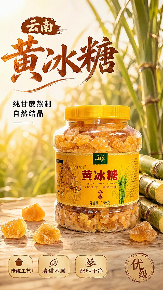 [第1张] 详情页头图-云南黄冰糖食欲氛围海报。本张使用【图1】作为商品主体。
[氛围/风格] 自然田园暖调风，甘蔗林阳光氛围，温馨烟火气，商业摄影质感，突出家常清甜感。
[元素布局] 黄冰糖罐装产品置于画面中央偏右，占比约60%-65%；左侧前景散落3-5颗黄冰糖颗粒，右侧后方斜放2-3段新鲜甘蔗；背景为虚化的甘蔗林与暖金色阳光光斑，前景木质台面承托；产品罐身结构、黄色标签、透明罐体与输入图一致，标签文字保持清晰不乱码。
[光影质感] 左上方暖金色柔光，右下方自然柔和投影，冰糖颗粒有通透高光，罐体玻璃有环境反光，整体明亮温暖。
[配色色系] 全局底色暖米黄#FFF5E0；主色琥珀黄、甘蔗绿；辅助色深棕书法字、浅木色台面。
[视角构图] 正面微仰视，产品为视觉中心，阅读动线左上标题→中部产品→底部卖点条。
[文字版式] 左上标题区，主标题「云南黄冰糖」温润书法大字，副标题「纯甘蔗熬制 自然结晶」圆角黑体小字；底部横向3个圆角胶囊卖点：「传统工艺」「清甜不腻」「配料干净」；右下角小标「优级」；字色为深棕色+琥珀黄渐变，全套统一此字体路线；文字不遮挡罐体主体。
[比例分辨率] 9:16竖版比例，4K分辨率，文字清晰可辨，高清画质。
[负向提示词] 罐体变形，缺件错件，颜色偏差，标签文字错乱，水印，文字过小，背景杂乱，冰糖颗粒模糊。