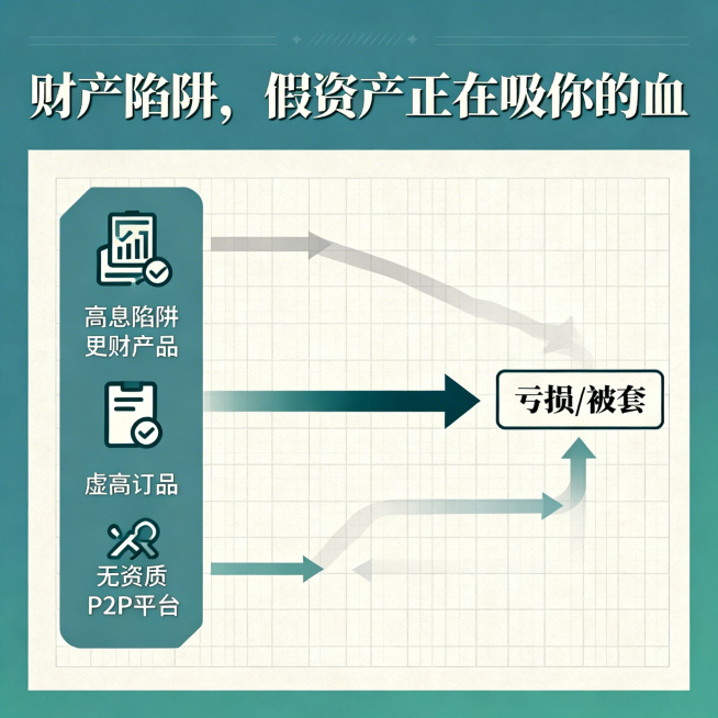 参考之前金融图表风格，生成标题为“财产陷阱，假资产正在吸你的血”的理财主题图片，使用低饱和度配色，整体色调柔和不鲜亮，专业沉稳风格预览效果