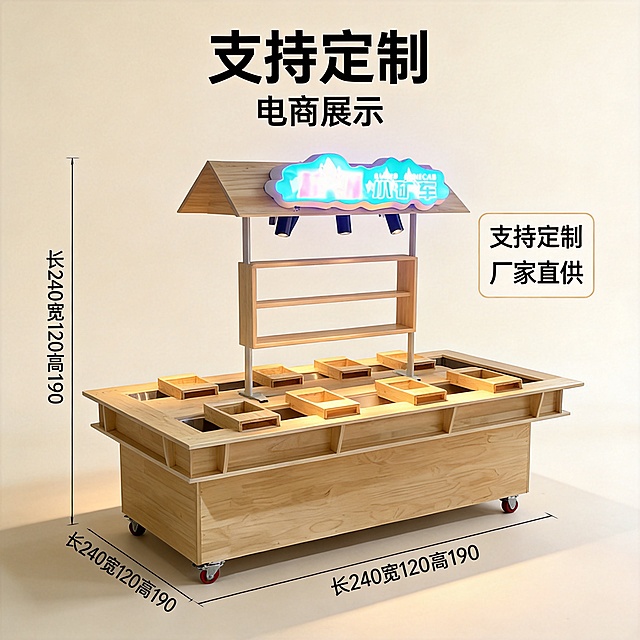 儿童淘矿车厂家定制卖点主图，标注尺寸长240宽120高190，展示整体产品外观，突出支持定制、厂家直供，原木风设计，1:1正方形构图，适合天猫平台展示