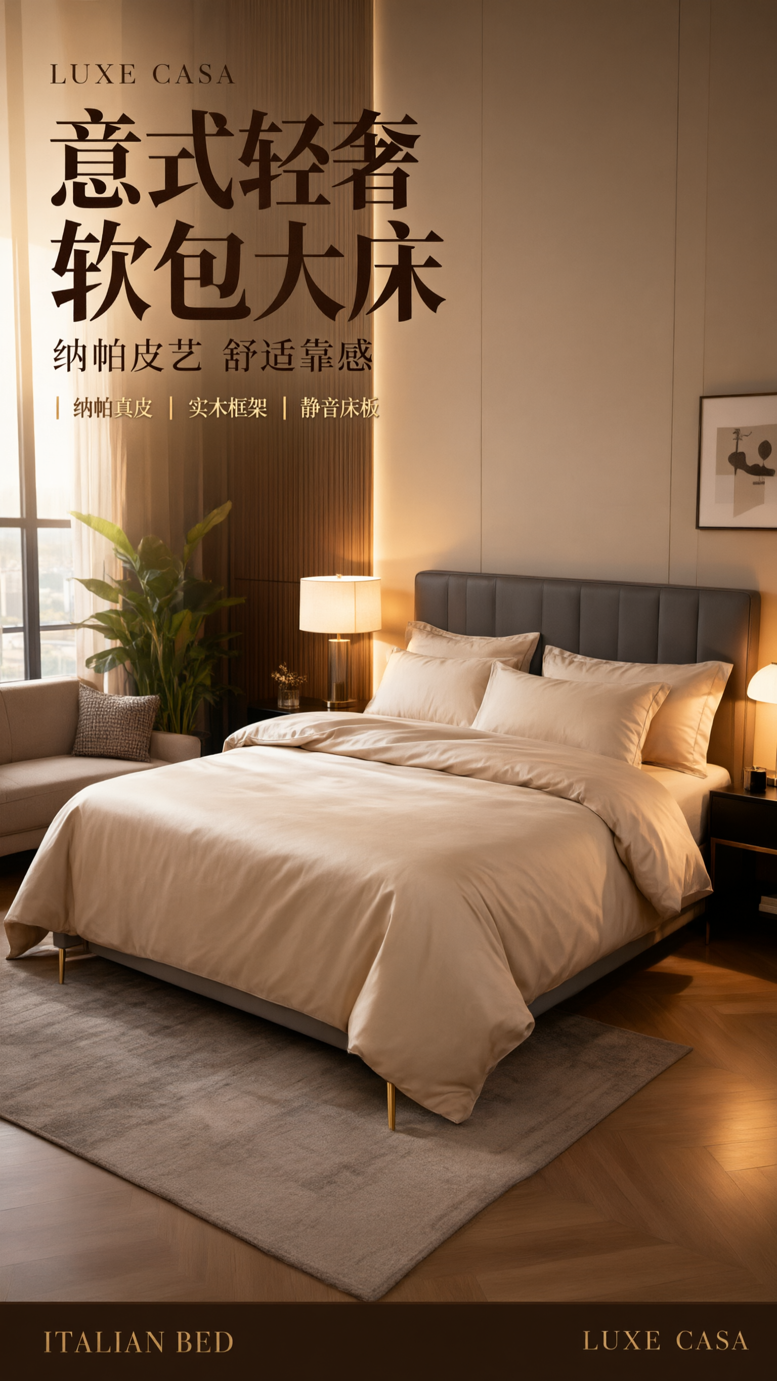电商详情页头图海报，意式轻奢皮艺床新品宣传。参考图2的卧室场景… - 图片创意预览