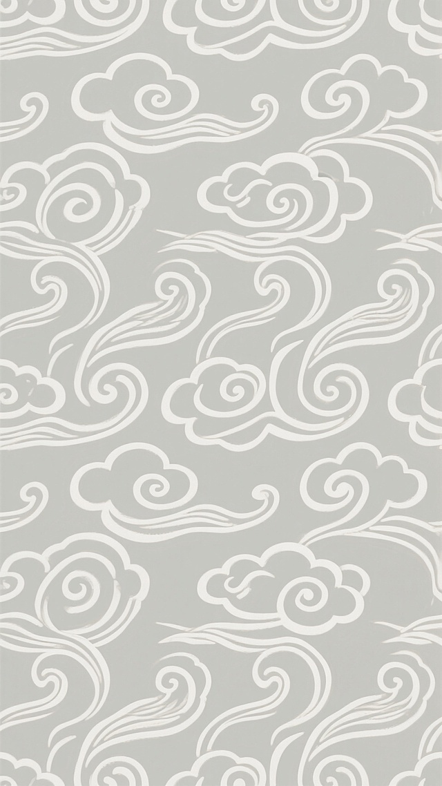 一张具有中国传统云纹和卷草纹相结合的无缝背景图案，采用浅灰色作为底色，白色线条勾勒出流畅灵动的不同纹路，包括大小不一的如意云纹、飘逸的卷草曲线和旋涡状纹样，整体呈现出清雅古朴的东方美学风格，图案排列均匀有序且富有节奏感，线条粗细适中，转折圆润自然，营造出宁静和谐的视觉氛围，同时融入多种传统吉祥纹路元素，使背景兼具装饰性与文化底蕴。