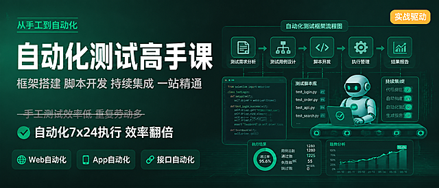 [主图-4] 自动化测试高手课课程主图 痛点与学习目标激发图 青绿清新科技风格。
[氛围风格] 清新高效感 现代简洁 技术硬核风格 青绿科技风。
[画质] 高清商业设计质感 画面干净利落 文字清晰锐利 层次分明。
[元素] 画面左侧为标题与痛点区 右侧为自动化测试相关视觉元素 包括自动化测试框架流程图 代码编辑器界面抽象 齿轮与流水线图标 测试脚本符号 机器人执行测试的抽象图形 背景为深墨绿色渐变 带有代码雨效果和网格线 营造工程化自动化的清新专业氛围 元素排列有序 体现流程化系统化。
[光影] 冷色调清新光感 左侧标题区有柔和补光 右侧元素有青绿色轮廓光 整体明暗对比适中 通透干净 清新明亮。
[配色] 主色深墨绿色(#064E3B)背景 辅助色青绿色(#10B981)用于流程线和图标 强调色暖金色(#F59E0B)用于重点标签和数据高亮 文字白色与浅灰。
[视角构图] 横版平视构图 左右分栏布局 左侧约50%文案区 右侧约50%视觉元素区 视觉重心在左侧大标题 右侧流程图从左向右延伸 满版无边框。
[文字版式] 左侧文案左对齐 顶部小字标签"从手工到自动化" 青绿色小号字体 主标题"自动化测试高手课" 白色超大号粗体无衬线字体 最醒目 副标题"框架搭建 脚本开发 持续集成 一站精通" 浅灰色中号字体 主标题下方 痛点对比区 两行文字 上行"手工测试效率低 重复劳动多"灰色小字配删除线 下行"自动化7x24执行 效率翻倍"白色中字配青绿色对勾图标 底部三个技术标签横向排列 "Web自动化" "App自动化" "接口自动化" 深绿底白字圆角标签 右上角有暖金色圆角小标签"实战驱动" 白色小字。
[输出要求] 横版 文字清晰可辨 高清商业设计质感。
[负向提示词] 变形 文字错乱 模糊 背景杂乱 水印 电商平台Logo 人物面部 蓝色 紫色 红色。