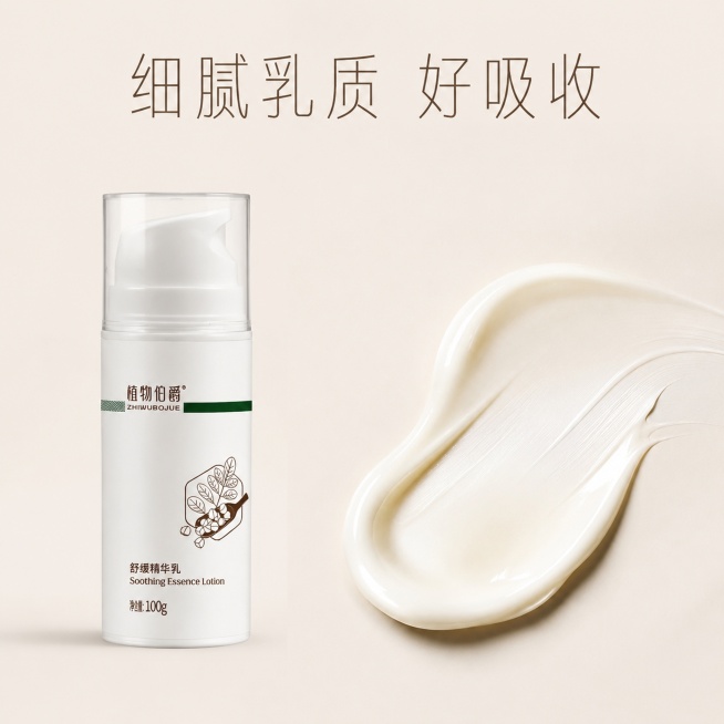 [主图-3] 植物伯爵舒缓精华乳质地展示图
[氛围风格] 真实微距特写，高级质感
[画质] 超高清微距商业摄影，质感细腻真实
[元素] 一侧完整展示产品瓶身，另一侧微距特写挤出的精华乳质地，展示细腻丝预览效果