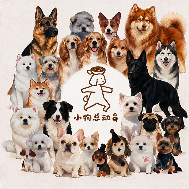 将第二张图中的棕色阿拉斯加犬添加到第一张图的右上角位置，放大到明显可见的尺寸，不要遮挡住图中其他的狗，保持整体水彩插画风格统一，画面自然融合
