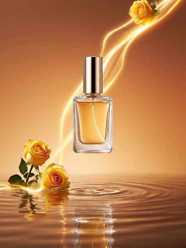 鎏金风香水瓶悬浮于水波之上，搭配流动光影与金玫瑰，3D重拟物质感融合液态金属光泽，营造奢华梦幻的浪漫氛围。