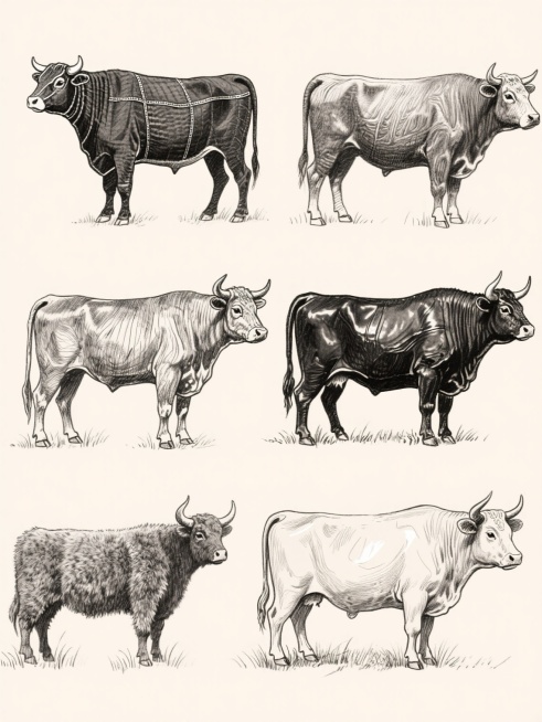 黑白手绘风格，线条流畅且富有质感，采用钢笔速写技法，6个不同配色、不同样式、不同材质的「牛」造型，包括但不限于牛仔布纹理、金属光泽、木纹、皮革质感、毛绒材质和陶瓷光滑表面，每个牛造型保持站姿，姿态略有变化，头部朝向各异，细节精致，牛身下方有简约草丛装饰，整体排列为上下两行对齐布局，浅色背景，突出牛造型的多样性和手绘艺术感，无文字信息。预览效果