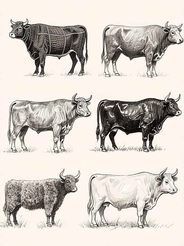 黑白手绘风格，线条流畅且富有质感，采用钢笔速写技法，6个不同配色、不同样式、不同材质的「牛」造型，包括但不限于牛仔布纹理、金属光泽、木纹、皮革质感、毛绒材质和陶瓷光滑表面，每个牛造型保持站姿，姿态略有变化，头部朝向各异，细节精致，牛身下方有简约草丛装饰，整体排列为上下两行对齐布局，浅色背景，突出牛造型的多样性和手绘艺术感，无文字信息。