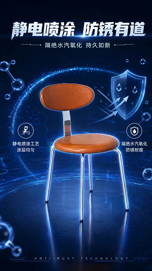 [第4张] 详情页工艺页-静电喷涂防锈处理，隔绝水汽氧化。本张使用【图1】作为商品主体，保持椅子外观、比例、颜色、结构完全一致。
[氛围/风格] 科技感工艺展示，高级蓝调，静电喷涂科技氛围，无人物。
[元素布局] 椅子置于画面中央，占比约50%；周围环绕静电喷涂微粒效果，蓝色光粒子附着在金属表面形成保护膜；背景为深蓝色渐变科技空间，有分子结构、防护盾、水汽阻隔示意元素；地面有反光效果；椅子金属腿表面呈现均匀喷涂后的细腻质感，棕色皮革保持原色，整体结构比例与原图一致。
[光影质感] 环绕式冷光，金属表面有蓝色科技光晕，喷涂粒子发光效果，整体通透有科技感，椅子主体清晰突出。
[配色色系] 全局底色深蓝 #0A1628；主色银色金属+棕色皮革+蓝色科技光；辅助色冰蓝、白色、浅金。
[视角构图] 正面微侧视角，产品居中，周围科技元素环绕，阅读动线上方标题 → 中部产品+科技效果 → 下方卖点。
[文字版式] 顶部主标题「静电喷涂 防锈有道」用艺术科技感字体，带光效花样；副标题「隔绝水汽氧化 持久如新」；左右两侧卖点文字：左侧「静电喷涂工艺 涂层均匀」，右侧「隔绝水汽氧化 防锈耐腐」；底部英文装饰「ANTI-RUST TECHNOLOGY」；文字清晰，不遮挡产品。
[比例分辨率] 9:16竖版比例，4K分辨率，文字清晰可辨，高清画质。
[负向提示词] 椅子变形，结构错误，颜色偏差，人物，水印，文字错乱，尺寸标注，内部结构，产品模糊。