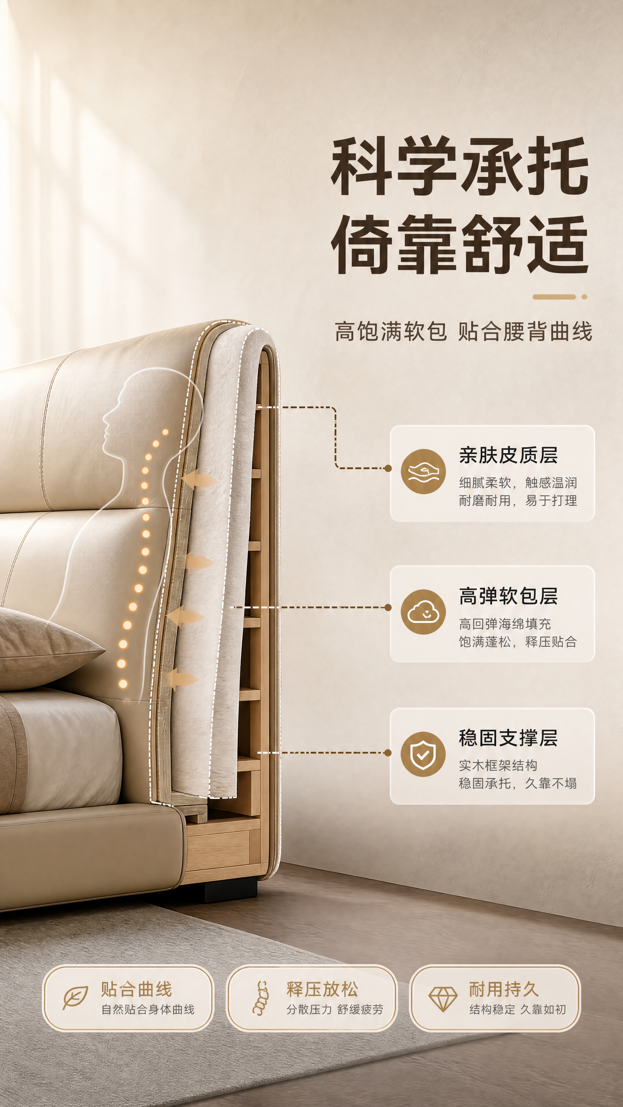 [商品] 使用【图1】浅卡其色皮质软包床头落地床；保留床头分段… - 图片创意预览