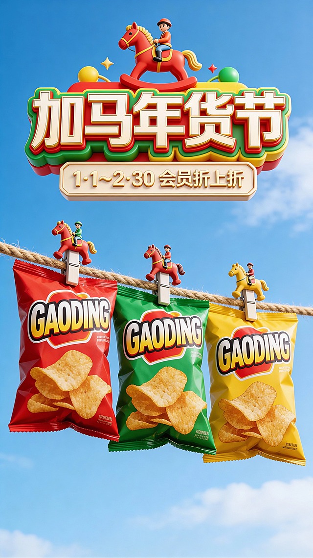 写实风，轻微仰拍视角，主体位于画面中心，被小马造型的夹子在一根麻绳上，主体占画面比60%，保持主体特征不变。高饱和暖色调，户外蓝色天空，清新趣味感氛围，顶部主标题为3D红绿黄配色标题“加马年货节”（骑马小人装饰），副标题3D小字文本框“1·1～2·30 会员折上折”。