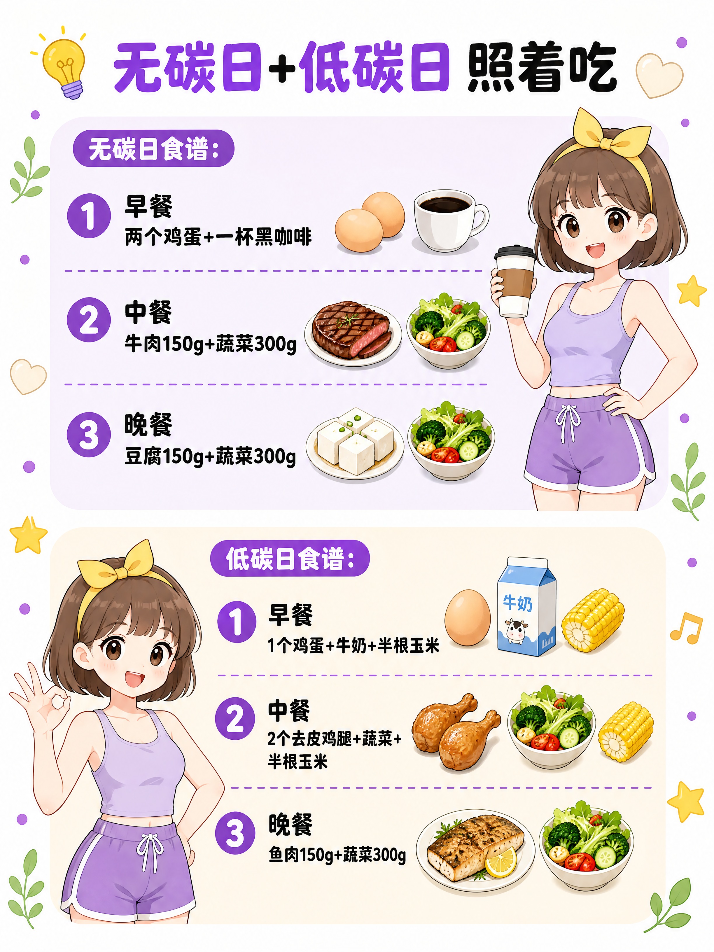 竖版3:4小红书减脂食谱内页，日系Q版二次元赛璐璐风，纯白背景… - 图片创意预览