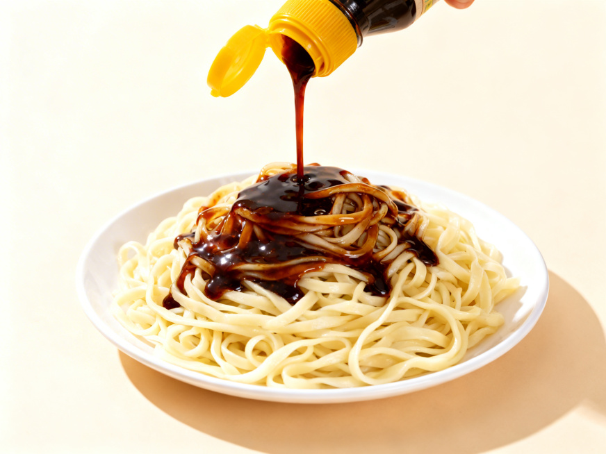 一盘凉面，深色酱汁正在从塑料瓶中倾倒下来浇淋在凉面上，酱汁包裹住面条，干净简洁的浅色背景，美食摄影风格，质感清晰，光线明亮预览效果