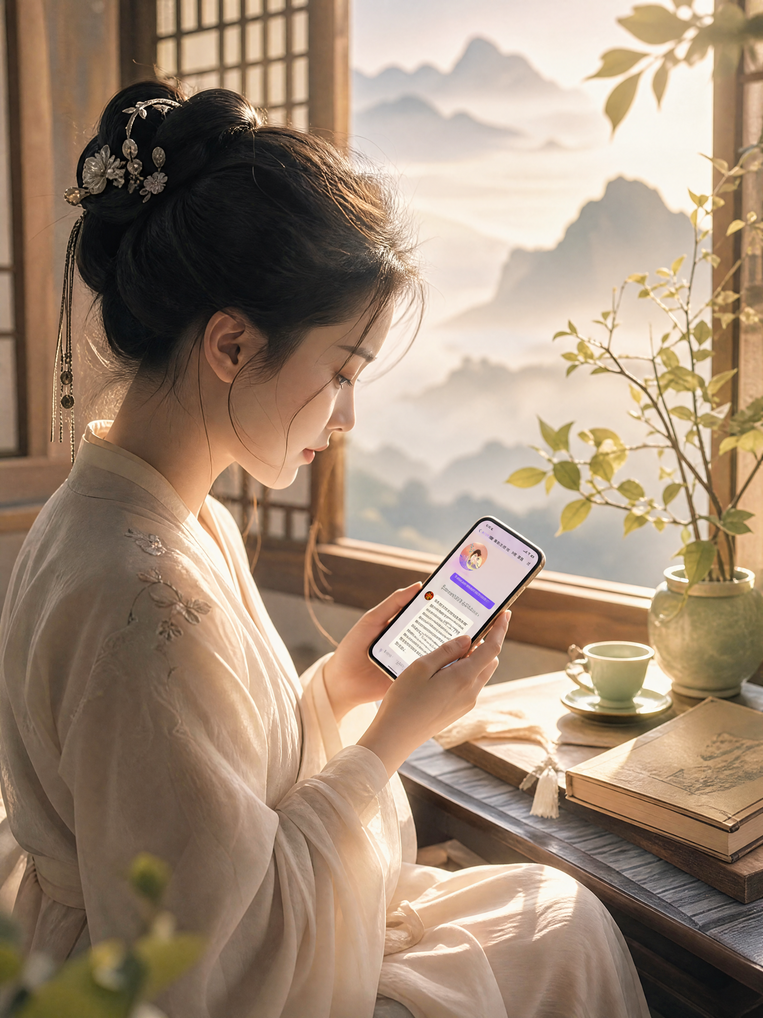 国风治愈场景，与之前风格一致。一位身着素色汉服的女子侧身坐在古… - 图片创意预览