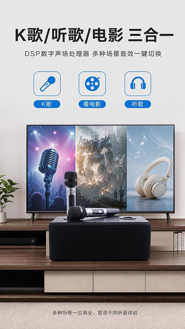 [商品] 使用【图2】黑色款家庭K歌音响一体机+双无线话筒；保留产品结构、颜色、话筒外观，不改变产品原貌。
[画面] 目标：展示K歌/听歌/电影三合一功能。竖版9:16构图，上方标题区，中部三个功能图标横向排列（K歌麦克风图标、电影胶片图标、音乐耳机图标），下方产品放置在电视柜上，背景电视显示对应场景画面，产品占画面约40%。
[视觉] 套系策略：风格=现代简约科技家居风；标题字=粗黑无衬线简体中文字；正文字=简洁无衬线简体中文字；主色=深木色+暖米灰；背景延展=浅灰白渐变背景，干净简洁；强调色=科技蓝，用于图标和功能标签；标题色=深炭灰；正文色=中暖灰；组件=圆角蓝色线框图标、功能标签胶囊；光影=正面均匀柔光。
[文字] 顶部主标题"K歌/听歌/电影 三合一"，副标题"DSP数字声场处理器 多种场景音效一键切换"，三个功能图标下方分别标注"K歌"、"看电影"、"听歌"，底部补充说明"多种场景一应俱全，营造不同听音体验"。文字全部横排。
[规格] 图片比例9:16竖版，4K，负向提示：避免变形、错字、文字过小、产品失真、竖排文字。