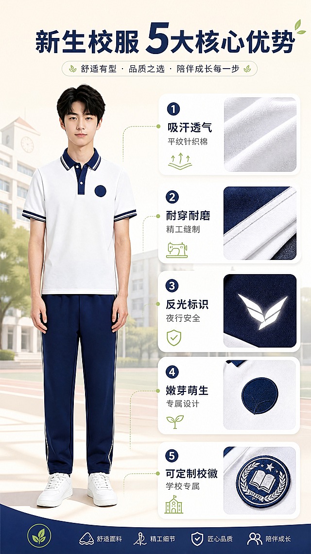 [商品] 使用【图4】男生夏季短袖Polo长裤套装三视图；商品处理：保留藏青领白边Polo衫、藏青长裤侧白边、整体版型和颜色；自然去皱，增强面料纹理、罗纹领口、缝线质感，不改变结构。
[画面] 目标：核心卖点总览页，一图看懂5大核心优势。构图：居中偏左展示男生正面全身校服穿搭，右侧及下方分布5个圆角卖点图标卡，呈错落排列；产品占画面55%，背景为浅米色渐变+淡校园纹理底纹。
[视觉] 套系策略：风格=清新校园风商业摄影；标题字=思源黑体粗体；正文字=思源黑体常规；主色=藏青蓝+纯净白；背景延展=基于藏青蓝做深浅层级、同色渐变和校园场景质感，白色做提亮与留白；强调色=嫩芽绿，仅用于小面积图标、引线、标签和嫩芽标识点缀；标题色=藏青蓝；正文色=深灰；组件=圆角浅底信息卡、细线引线、校园元素图标；光影=左前侧柔和自然光，明亮通透。
[文字] 顶部主标题「新生校服 5大核心优势」，下方5个卖点卡分别配图标和文字：①吸汗透气 平纹针织棉 ②耐穿耐磨 精工缝制 ③反光标识 夜行安全 ④嫩芽萌生 专属设计 ⑤可定制校徽 学校专属；文字横向排版，手机端清晰可读。
[规格] 图片比例9:16竖版，4K分辨率，medium质量，避免变形、错字、文字过小、冷灰背景、服装颜色改变、版型失真、极限词。
