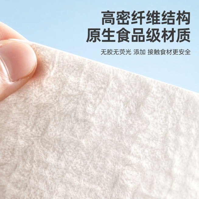 [主图-3] 材质细节安全卖点图，展示纤维结构和食品级安全属性。氛围风格：微距特写，突出真实材质质感。画质：超高清商业微距摄影，细节清晰锐利。元素：手持一张吸水纸，放大展示吸水纸表面纤维纹理，手指捏住预览效果