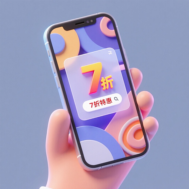 软3D风格手机界面，玻璃质感弹窗突出“7折”促销信息，色彩柔和，体积感强，营造现代科技与节日优惠的视觉冲击。