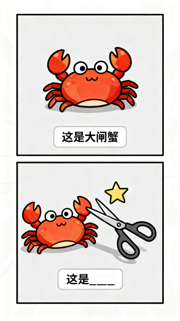 日系搞笑纵向双格漫画，上半格：Q版可爱的大闸蟹，极简背景，底部白色矩形框黑字写“这是大闸蟹”；下半格：大闸蟹、一把剪刀、一颗星星强行组合在一起，呈现荒谬互动，底部白色矩形框黑字写“这是____”，线条预览效果