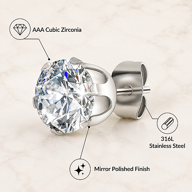 Amazon main image 2, material and craftsmanship feature infographic. Light cream-white studio background with subtle marble texture. Close-up macro view of a single silver crown six-prong stud earring, focusing on the six-prong crown setting holding the round clear cubic zirconia stone. Three callout lines with small circular icon labels point to key features: 1) top-left callout points to the stone with label 'AAA Cubic Zirconia', 2) right callout points to the metal prong with label '316L Stainless Steel', 3) bottom callout points to the polished surface with label 'Mirror Polished Finish'. Earring is angled to show both the crown setting and the post with butterfly back. Metal has flawless polished silver finish, stone shows brilliant faceted sparkle. Elegant minimalist composition, product occupies about 60% of frame. All text in clean modern sans-serif English font, black color, no Chinese characters, no logos. Commercial jewelry product photography, soft directional studio lighting, crisp macro details. Keep product appearance identical to reference image. 1:1 square ratio.