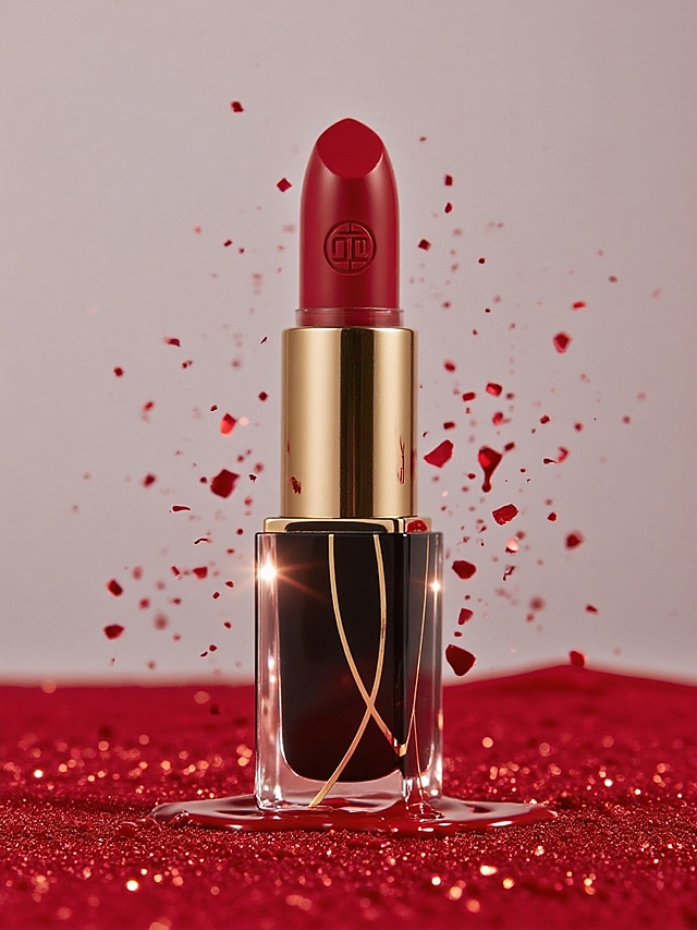 周围飞溅着同色系碎屑与流体，地面铺有红调细沙，点缀细碎光斑，营造高级、闪耀的美妆产品宣传氛围