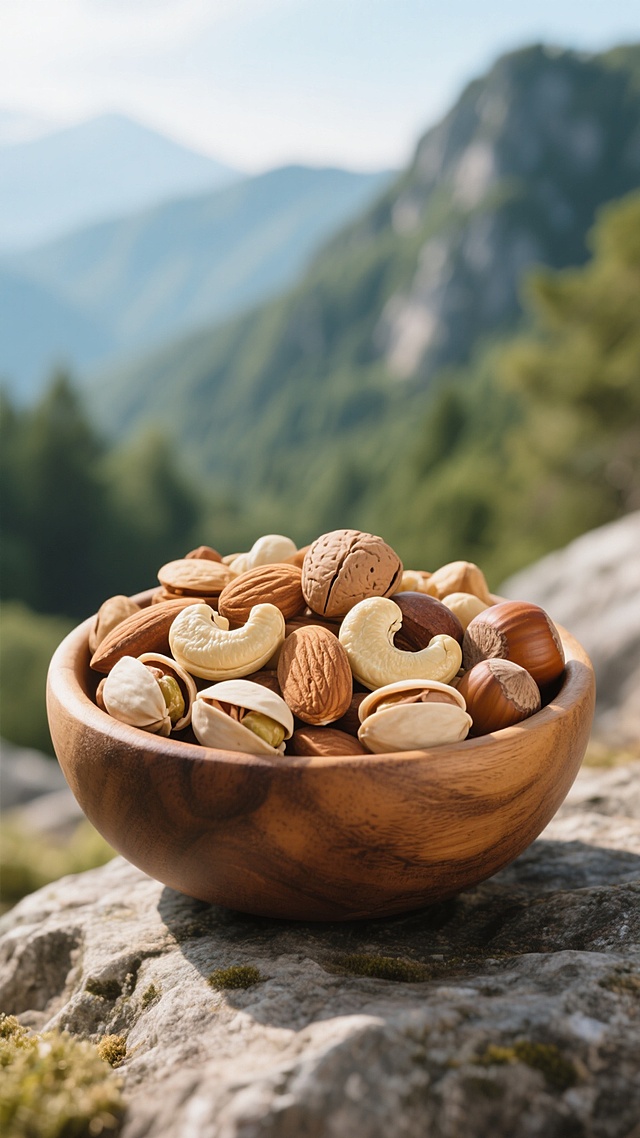 写实风格的木碗装满混合坚果特写，包括带纹理的杏仁、饱满的腰果、开口的开心果和浅棕色榛子，坚果外壳细节清晰，呈现自然的棕褐色与米白色调，温暖柔和的自然光从上方照射，形成明显的高光与阴影对比，木纹碗置于清晨的山间岩石上，背景可见朦胧的绿色山林和淡蓝色天空，整体氛围清新自然，食物质感真实，景深处理使前景坚果清晰而背景环境虚化。