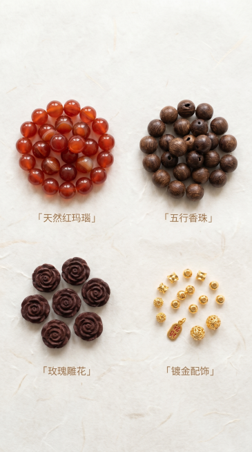 [主图 4] 红玛瑙香珠手串材质拆解展示图。
[氛围风格] 传统古风，干净整洁，清晰展示。
[画质] 商业摄影质感、光线柔和通透、产品清晰真实、画面干净高级。
[元素] 分区域展示手串各部分材质：天然预览效果