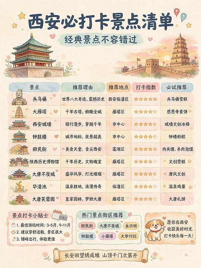 手绘水彩卡通风格的西安必打卡景点清单海报，竖版构图，米黄色暖色调背景。顶部大标题写着西安必打卡景点清单，下方有副标题经典景点不容错过。左上角是西安钟楼手绘插画，右上角是大雁塔和城墙天际线插画。中间是一个五列表格，列名分别是景点、推荐理由、推荐地点、打卡指数、必试推荐。表格有九行景点内容，每行都有手绘小图标。景点包括：兵马俑、大雁塔、西安城墙、钟鼓楼、回民街、陕西历史博物馆、大唐不夜城、华清池、大唐芙蓉园。每个景点都配有可爱的手绘插画。底部左侧是景点打卡小贴士板块，列出三条建议。底部中间是热门景点街区推荐，有六个标签按钮。底部右侧是可爱小狗插画和打卡祝福语。整体风格可爱温馨，手绘水彩质感，手写字体，排版精美信息丰富。