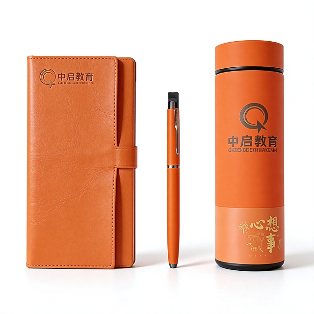 产品精修，产品置于纯白背景上，专业商业棚拍光, 5500K标准中性白光, 轮廓光, 体积光, 曝光正确, 强烈真实立体感，标准透视校正, 正常透视焦段, 保持同类机位，接地处保留干净浅淡的自然接触阴影, 严禁大片投影、脏灰阴影和悬浮感，主体居中, 商品完整入画不裁切, 多品或套装整体算一组, 商品外轮廓视觉体量约画面60%-80%, 四边均匀留白约10%-20%, 严禁满幅铺满与贴边顶满，多件商品按原图顺序均衡陈列, 大小一致、间距统一、对齐整齐、同一机位和近似角度, 每个独立商品都要逐个摆正, 逐个校准水平线和垂直轴, 底部基线对齐, 禁止某一件单独歪斜、倾倒或高低错位，极致超清画质, 细节清晰锐利, 4K分辨率, 商业级实拍质感, 保留原图真实材质与结构细节，提升商品洁净度和商业新品感, 清除旧痕、灰暗、脏斑和不均匀色块；保留原图颜色分区、材质色相、结构和功能细节，禁止整体提亮改色，去除笔记本上的灰色空白贴片，锁定原图商品轮廓、件数、部件位置、连接关系、标签文字和可见功能细节，只做精修不重绘结构，锁定原图商品颜色, 多件商品逐件对应原图色相、材质光泽和分段色块边界，笔记本封面: 皮革/仿皮质感真实, 皮纹和柔韧折痕按原图保留，笔身: 哑光/半哑光塑料质感, 柔和漫反射, 低高光，保温杯杯身: 哑光/半哑光塑料质感, 柔和漫反射, 低高光，正视图，比例1:1