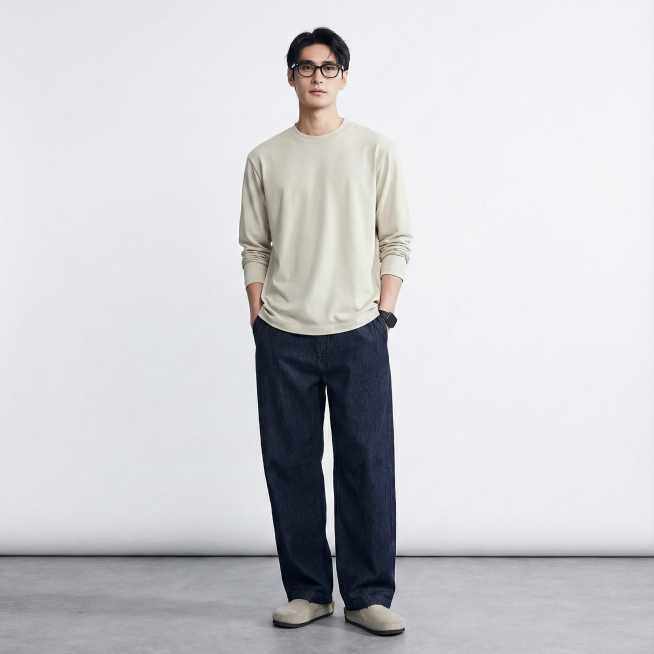 把白底图的衣服穿到模特身上
场景:灰色地面与白色背景，光线自然，背景简洁
画质要求:写实，8k，高细节，对焦清晰，光线自然，无变形预览效果