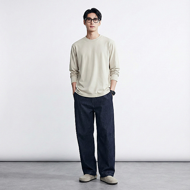 把白底图的衣服穿到模特身上
场景:灰色地面与白色背景，光线自然，背景简洁
画质要求:写实，8k，高细节，对焦清晰，光线自然，无变形