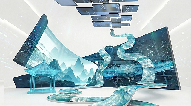 把图二的亭子融入到图一居中偏左的地方，比例适当小一点，保留亭子原有的质感