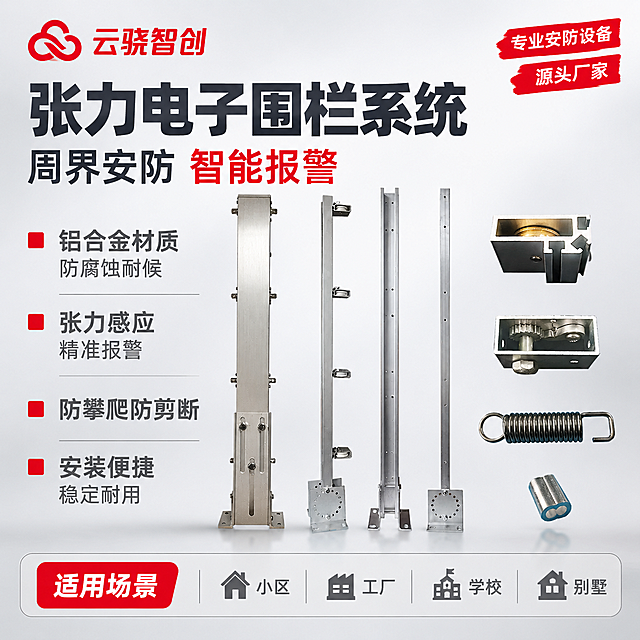 [主图-1] 首图点击率海报，主题：张力电子围栏系统 专业周界安防报警设备。左上角放置云骁智创红色LOGO（与参考图一致，不扭曲变形）。
[统一基调] 报警行业专业配色，主背景为浅灰色到白色渐变的柔和棚拍背景，点缀警示红色作为强调色。字体为无衬线粗体，标题字深灰色，辅助字中灰色，强调字警示红色。整体排版克制高级，满版构图不留空白，空白处用产品优势文字填充。
[画面] 画面中心偏右展示张力电子围栏系统全套铝合金杆件与配件产品（保持原图外观、结构、材质、颜色完全不变，不扭曲不改变外形），产品占画面约60%。左侧和上方用文字信息填满空白区域。产品下方带柔和投影，自然融入背景。
[光影质感] 柔和棚拍光，左右均匀布光，金属铝合金表面有细腻高光和拉丝质感，阴影柔和不生硬，整体干净通透。
[配色] 背景：浅灰白渐变；主标题：深灰色加粗；副标题/卖点：中灰色；强调关键词：警示红色；参数块背景：浅灰色细边框。
[文字版式] 左上角云骁智创LOGO。左上部超大主标题"张力电子围栏系统"，下方副标题"周界安防 智能报警"。左侧竖排4个核心卖点块："铝合金材质 防腐蚀耐候"、"张力感应 精准报警"、"防攀爬防剪断"、"安装便捷 稳定耐用"，每个卖点前加红色小方块标识。底部通栏参数条："适用场景 小区 工厂 学校 别墅"。右侧空白处补充"专业安防设备""源头厂家"红色小字标签。
[输出要求] 1:1正方形，2048x2048，文字清晰锐利，产品清晰不变形，无水印无平台Logo，无多余杂物。