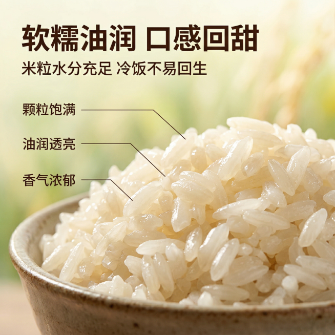 [主图主题] 米粒细节品质展示主图
[氛围/风格] 简约原生态风，突出米粒质感与食欲感
[画面元素] 微距特写镜头聚焦在瓷碗中蒸煮好的籼米饭，颗粒饱满分明，表面泛着自然油润光泽，米粒通透饱满，背景虚化预览效果