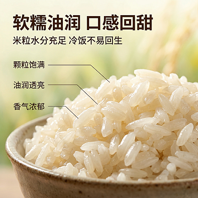 [主图主题] 米粒细节品质展示主图
[氛围/风格] 简约原生态风，突出米粒质感与食欲感
[画面元素] 微距特写镜头聚焦在瓷碗中蒸煮好的籼米饭，颗粒饱满分明，表面泛着自然油润光泽，米粒通透饱满，背景虚化融入淡绿色的稻田元素，自然暖逆光突出米饭油润感，画面充满食欲，主体占满画面中心区域。
[配色色系] 主色调：米白色（米饭）；辅助色：淡绿色（背景）、暖黄色（光线）
[视角构图] 微距平视特写，浅景深突出米粒细节
[文字版式] 主标题 "软糯油润 口感回甜"，深棕色粗体无衬线字体，左上角悬浮；卖点文字 "米粒水分充足 冷饭不易回生"，小字深棕色，标题下方；三处细节引线标注："颗粒饱满" "油润透亮" "香气浓郁"，引线纤细深色，对应米粒区域，极简清晰。文字布局不遮挡米饭主体。