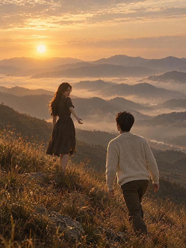 电影感写实剧照，竖幅3:4。一对二十多岁的东亚恋人置身于起伏的金褐色山坡：女孩穿深色及膝连衣裙，站在山坡上方回身伸出右手；男孩穿米白色针织衫，正沿山坡向她走去。中远景、轻微低机位，人物位于画面下半部，山脊与天空占据上方，夕阳从人物背后穿过，柔和金色逆光，远处薄雾和层叠山峦，色彩克制、暖金与灰褐色、诗意而安静。画面中无文字、无字幕、无水印、无logo、无边框、无UI。超高清2K画质，电影质感，细节丰富。