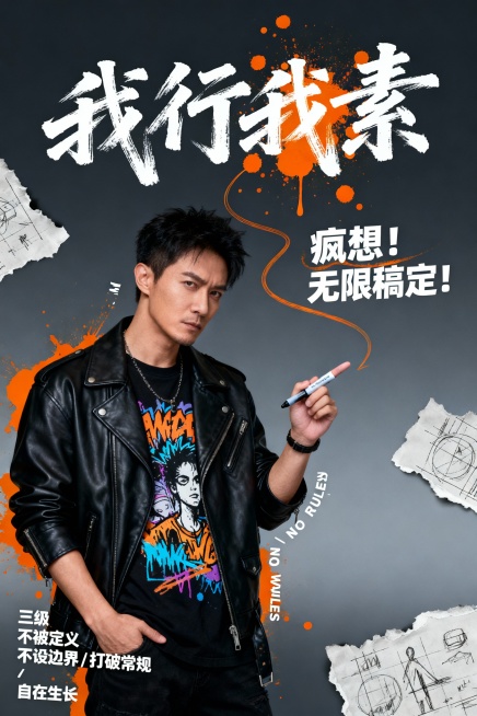 时尚个性态度海报，2:3竖版构图，中心偏左半身特写男设计师，黑色皮夹克配涂鸦T恤，左手插兜右手持马克笔指向画面右侧，表情桀骜不驯。手写书法大标题“我行我素”位于上部，副标题“疯想！无限稿定！”在右下方预览效果