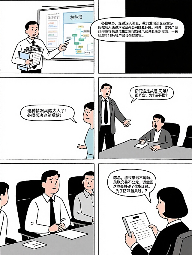第四幕：艰难的风险博弈
 
时间：三日后
地点：总行会议室
道具：PPT演示文稿、调查报告、证据材料
 
（林远带着厚厚的材料，紧张地向总行审查委员会汇报项目风险）
 
林远：（指着PPT上的股权图谱）各位领导，经过深入调查，我们发现该企业实际控制人通过六家空壳公司隐藏身份。同时，信贷资金存在回流集团资金池的风险，并且近期发生了一笔占净资产15%的资产低价转让！
 
委员A：（皱眉）这种情况风险太大了！必须否决这笔贷款！
 
陈总：（突然闯入会议室，情绪激动）你们这是故意刁难！资料都齐全，为什么不批？
 
周敏：（冷静地展示证据）陈总，股权穿透不清晰、关联交易不公允、资金回流，这些都触碰了信贷红线。为了防控风险，这笔贷款不能通过。
 
林远：（诚恳地）陈总，我们也是为了企业长远考虑。只有规范经营，才能获得银行支持。
